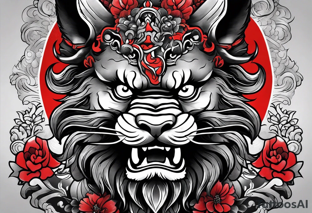 Sleeve tattoo 
Black and white, grey with red and scarlet accent. Japanese Shisa Okinawa beside Thai yak/giant with thai naga. tattoo idea