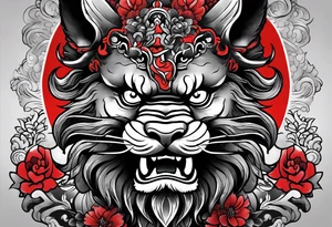 Sleeve tattoo 
Black and white, grey with red and scarlet accent. Japanese Shisa Okinawa beside Thai yak/giant with thai naga. tattoo idea