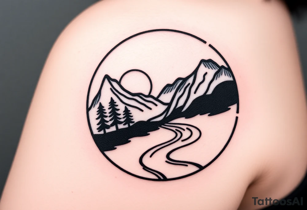 mountains. river and sunrise, let it all be inside one circle. draw a line and divide the circle into two parts, let one part be like day and the other part like night tattoo idea