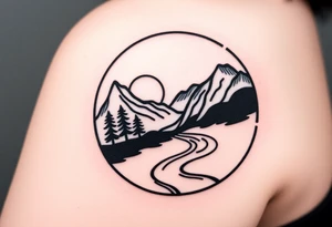 mountains. river and sunrise, let it all be inside one circle. draw a line and divide the circle into two parts, let one part be like day and the other part like night tattoo idea