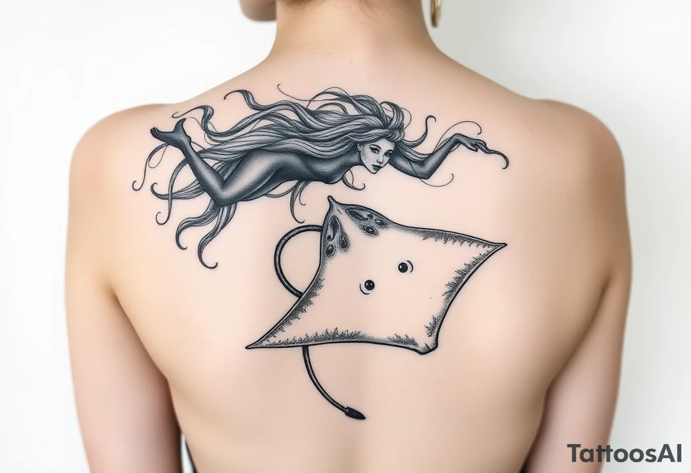 Freediving Curly Woman with a mobula ray in the Open sea tattoo idea