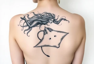 Freediving Curly Woman with a mobula ray in the Open sea tattoo idea