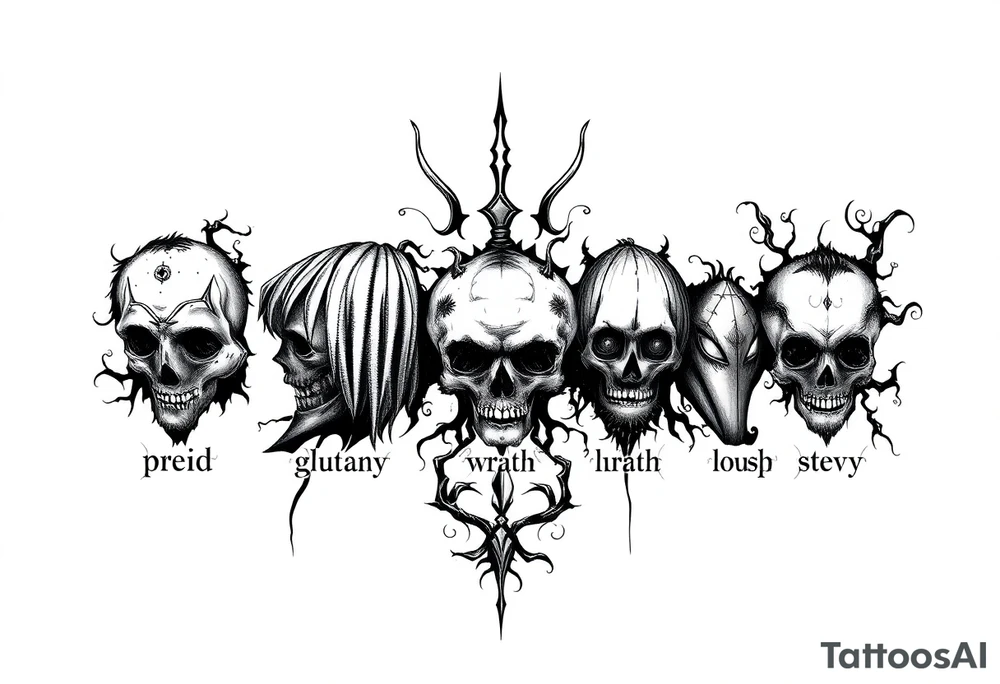 powerful sexy seven deadly sins stencil  with words greed, pride, gluttony, wrath, lust, sloth and envy, with a darkness kind of feeling  and storms tattoo idea