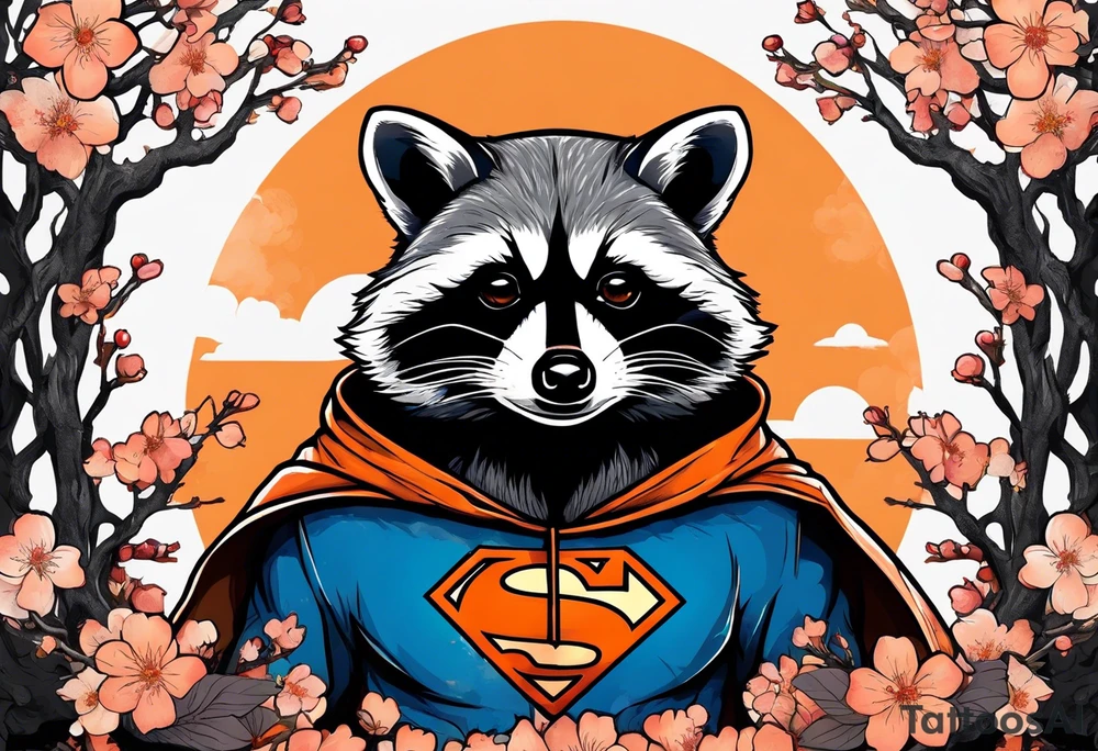 raccoon wearing a Superman hoodie with black and white logo and orange Japanese cherry blossoms tattoo idea