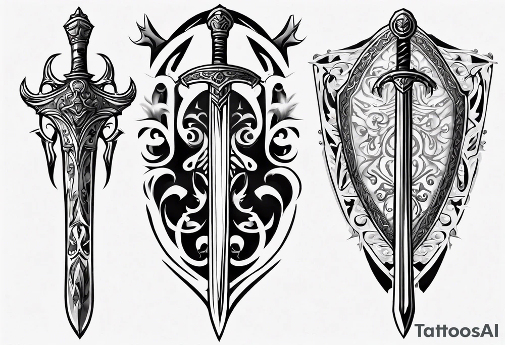 Sword behind shield filigree tattoo idea