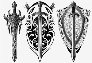 Sword behind shield filigree tattoo idea