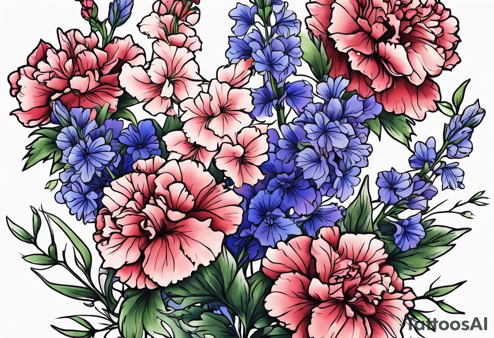 Larkspur flowers and carnation flowers in all color tattoo idea