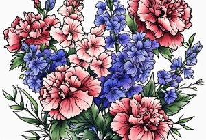 Larkspur flowers and carnation flowers in all color tattoo idea