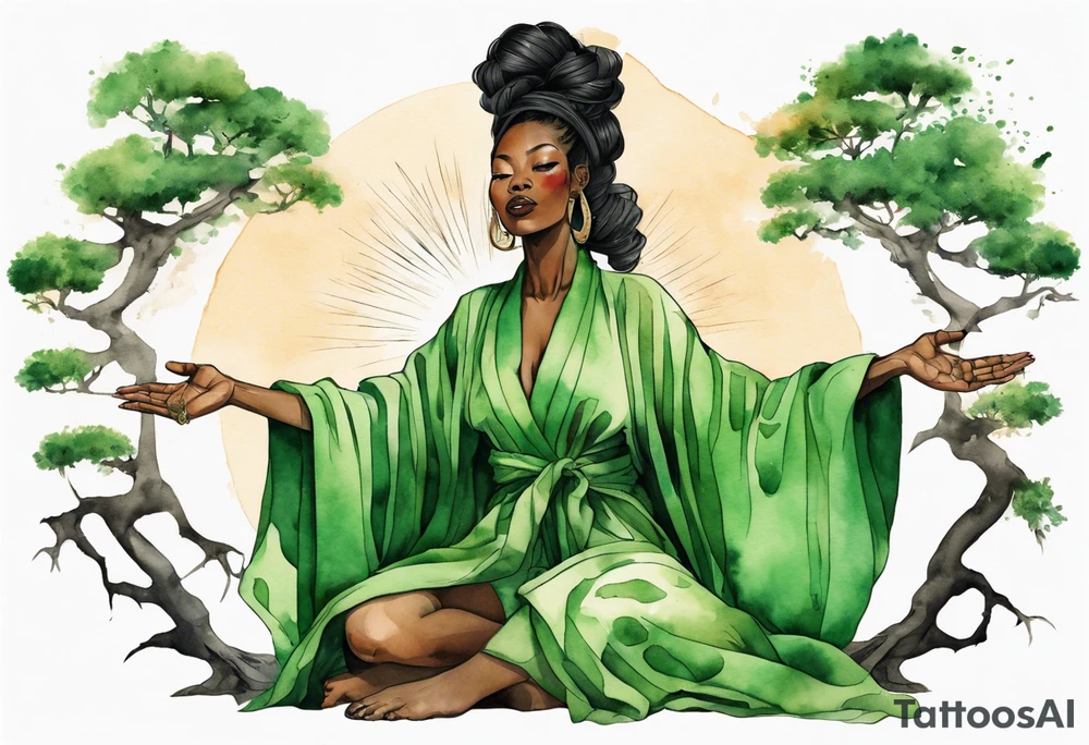 a beautiful black woman wearing a green robe with tree roots for feet, arms reaching up towards the sun tattoo idea