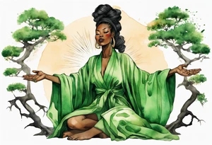 a beautiful black woman wearing a green robe with tree roots for feet, arms reaching up towards the sun tattoo idea
