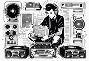 Newspaper article. DJ with music notes and speakers and records and equilizer tattoo idea