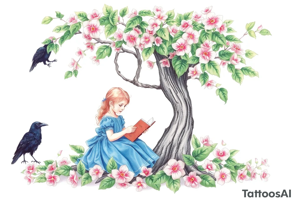 A tree of Impatiens walleriana, a little girl wearing a blue dress sitting under it while reading. A raven watching her. Flowers around.


. tattoo idea