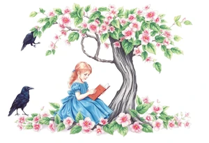 A tree of Impatiens walleriana, a little girl wearing a blue dress sitting under it while reading. A raven watching her. Flowers around.


. tattoo idea