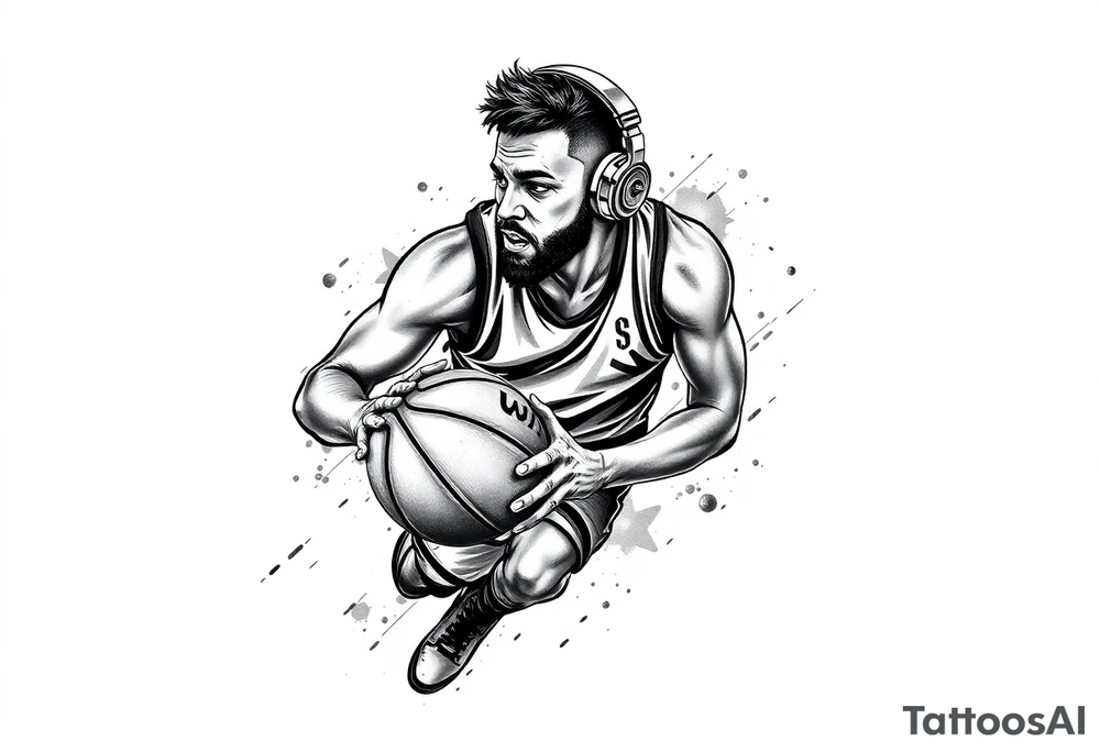 A guy dribbling a basketball with headphones on tattoo idea