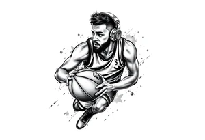A guy dribbling a basketball with headphones on tattoo idea