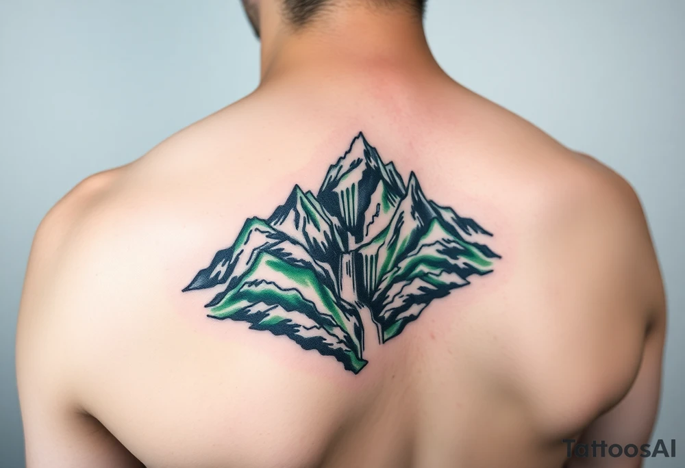သား  surrounded by a colorful green mountainside with a waterfall tattoo idea