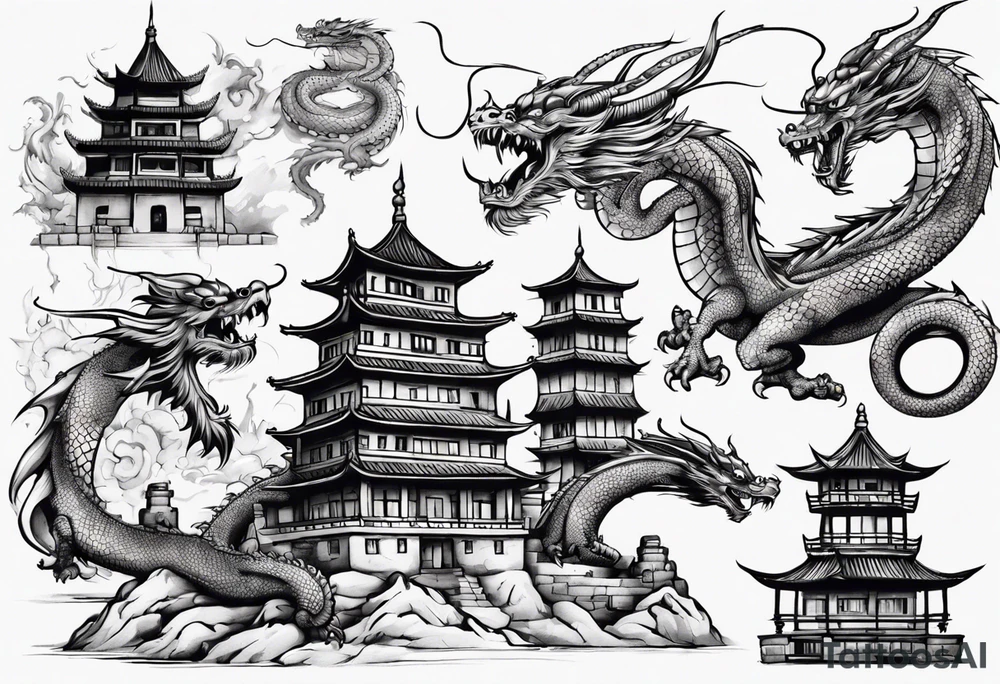 oriental castle with a dragon tattoo idea