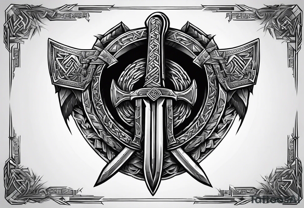Valhalla sword shield axe Valknut chains tattoo idea