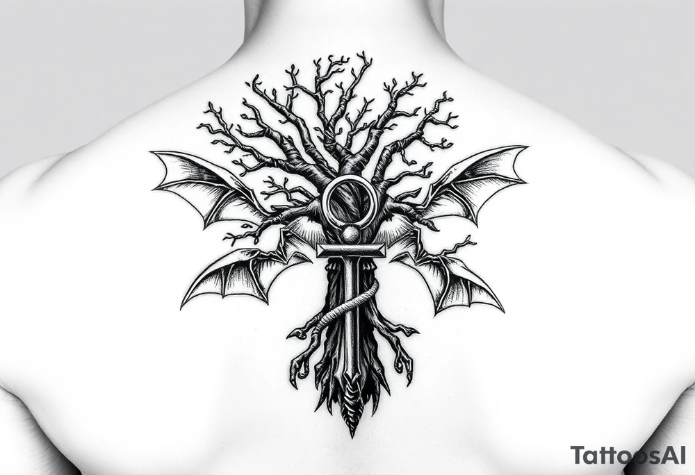 poison tree wrapped around an ankh with bats surrounding the tree forearm tattoo tattoo idea