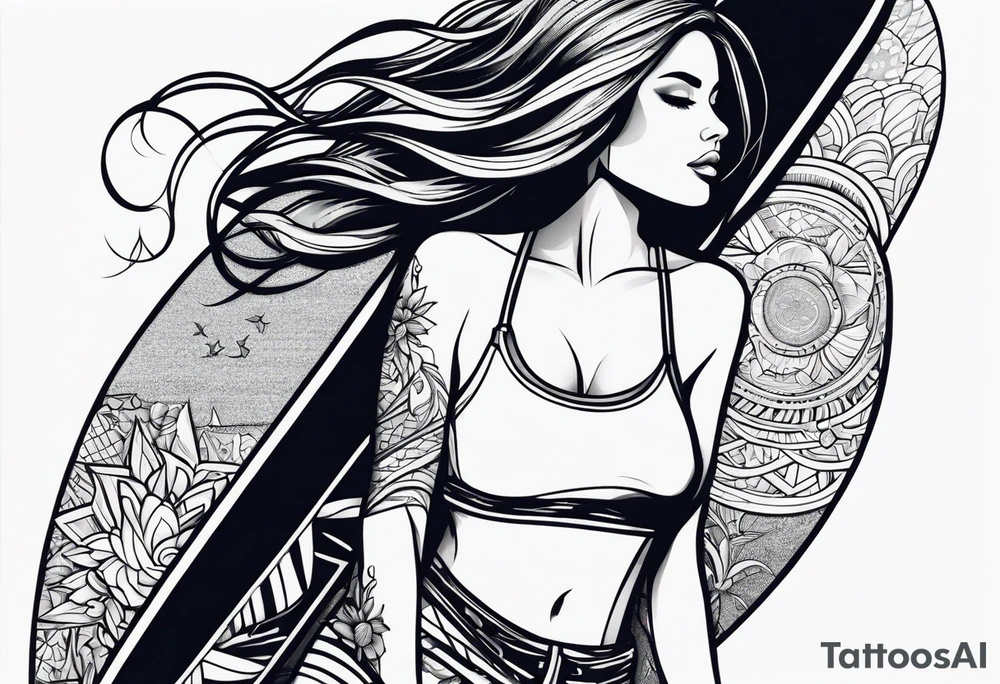 A girl that surfs on a longboard tattoo idea