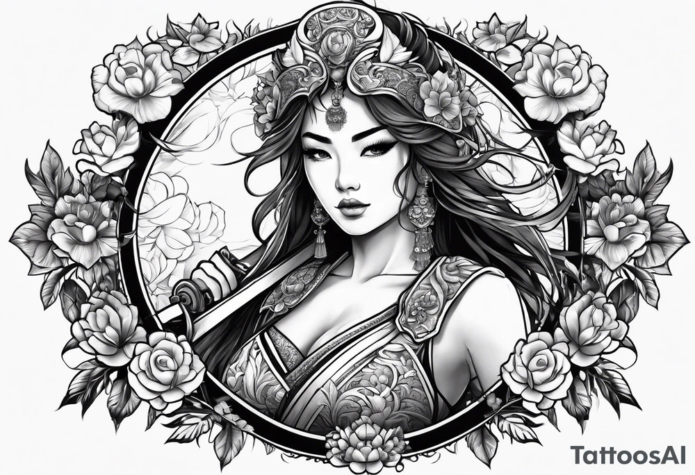 ornate beautiful woman warrior with weapon & floral arch background tattoo from head to torso tattoo idea