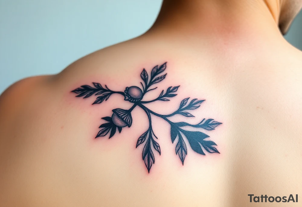 colored tattoo on the arm depicting an oak branch with acorns tattoo idea