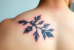 colored tattoo on the arm depicting an oak branch with acorns tattoo idea