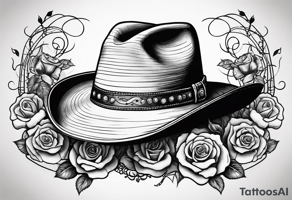 Country acoustic guitar with cowboy hat, barbed wire and roses in background tattoo idea