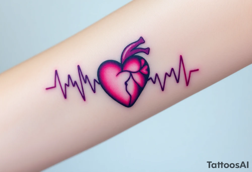 A heartbeat that transitions into sound waves, colored in vibrant neon colors like turquoise, purple, and fuchsia, representing a modern twist on emotion. tattoo idea