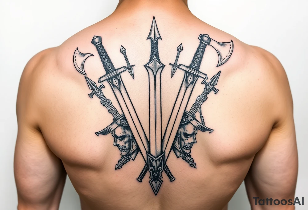 Armoury with sheild sword spears and axe tattoo idea
