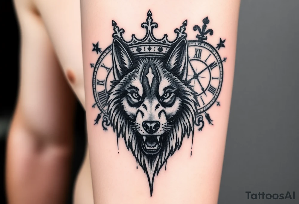 Artistic tattoo design with a powerful wolf in the center, a cracked crown tilted above its head, a vintage clock with Roman numerals and a compass blended in the background. Black and gray shading, realistic yet symbolic style, designed for chest or forearm.” tattoo idea