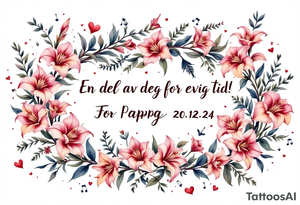 «En del av deg for evig tid!
Pappa 20.12.24» Surrounded by long gladiolus, hearts, notes and an anchor. tattoo idea