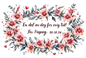 «En del av deg for evig tid!
Pappa 20.12.24» Surrounded by long gladiolus, hearts, notes and an anchor. tattoo idea