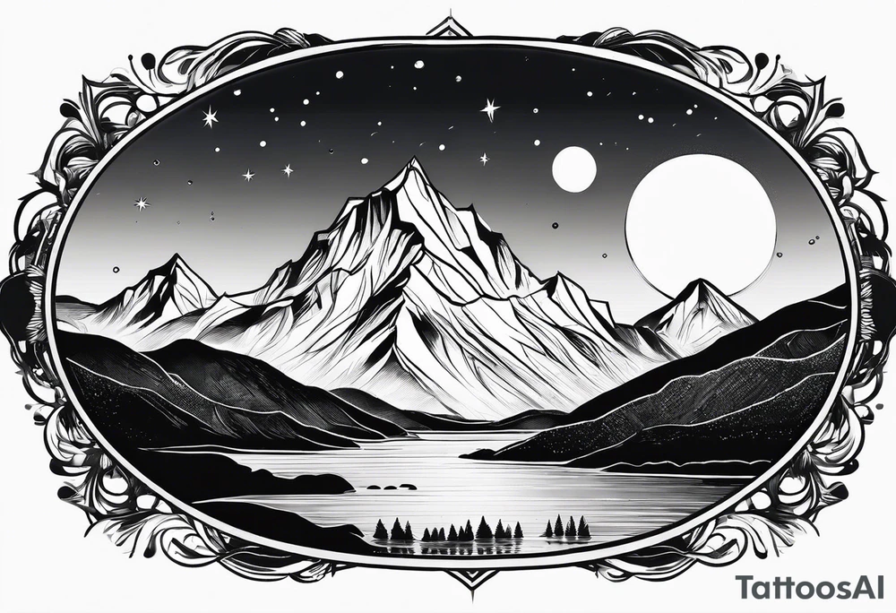 Mountain Skyline with one High Peak. Water in Front. Mountain Peak with circle dotted Line. Two Stars. Mountain and water Run Out flat in the side tattoo idea