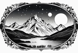 Mountain Skyline with one High Peak. Water in Front. Mountain Peak with circle dotted Line. Two Stars. Mountain and water Run Out flat in the side tattoo idea