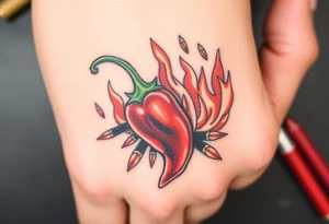 Chili pepper with flames and raining bullets in the background tattoo idea