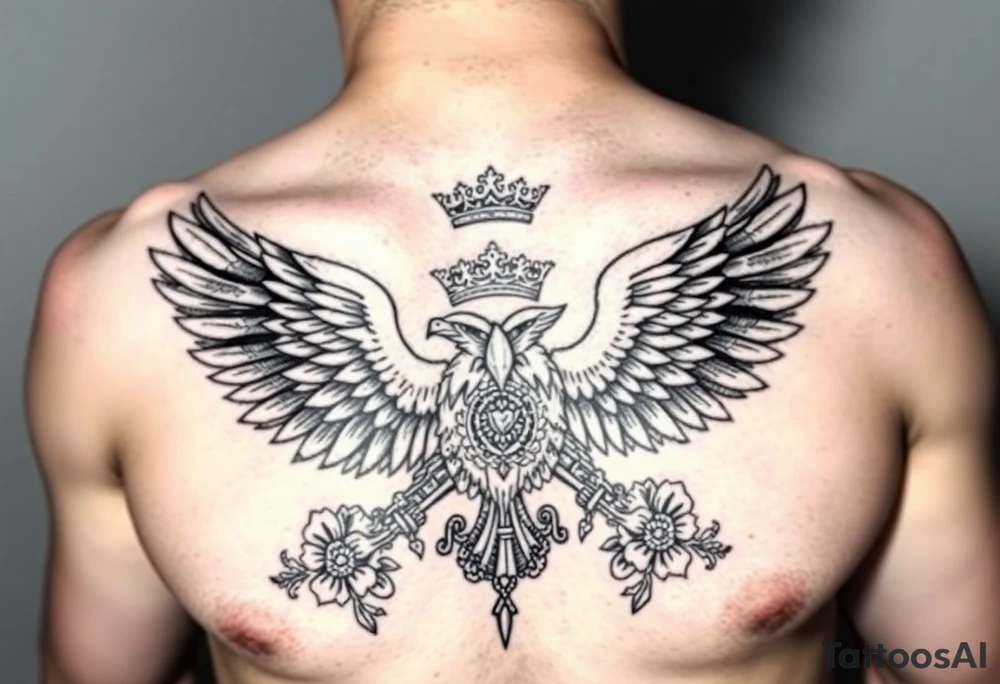 Chest tattoo,powerful majestic eagles with a crown, surrounded by floral ornaments and lure tattoo idea