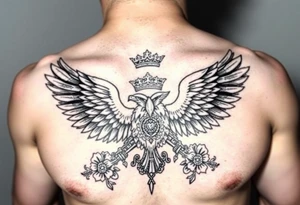 Chest tattoo,powerful majestic eagles with a crown, surrounded by floral ornaments and lure tattoo idea
