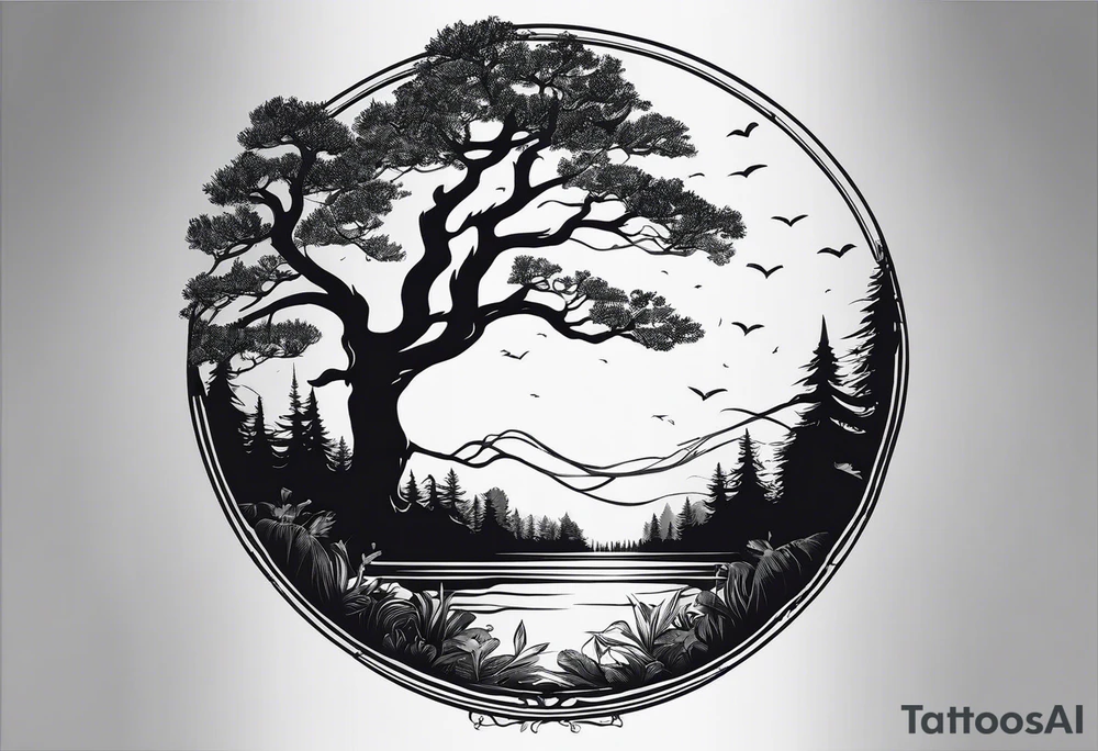 The tattoo will be a unique horizontal image. At the base, there will be a thin line to symbolize the horizon. Above it, various trees in silhouette with delicate details, representing different species, including oaks and pines among others, will be distributed along the horizon. The trees need to be interspersed with open spaces, creating a play of light and shadow. On the horizontal line, just after the sequence of trees starting from the left to the right, I would like to include a cabin with a small mountain behind it. tattoo idea