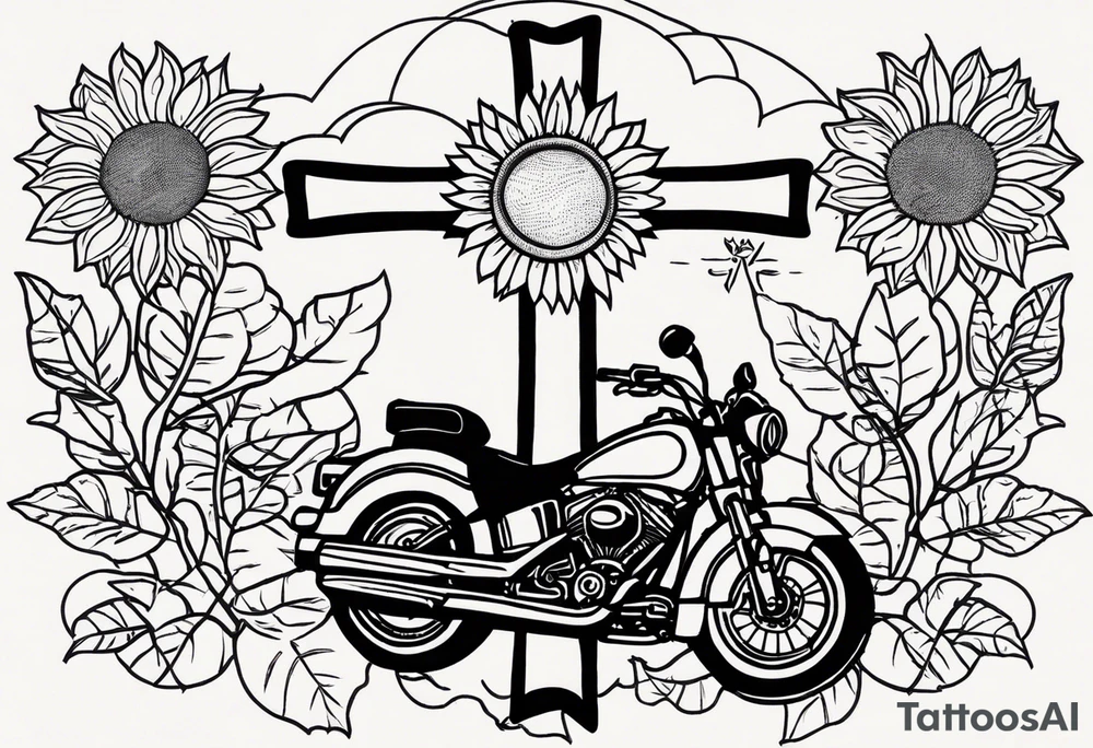 A cross with my family’s names on it names are Peter Lori Kyle and around Peter’s name put a motercycle and a bear around loris name put a sunflower and a heart and around Kyle’s name put a baseball and electricity tattoo idea