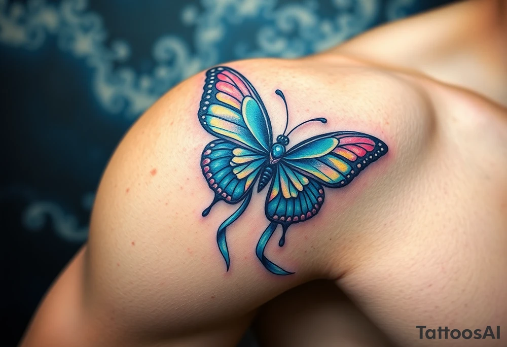 ethereal butterfly with flowing silk ribbons in moonlight tattoo idea