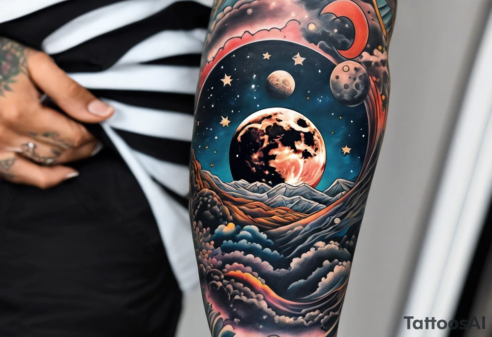 man on the moon space theme arm sleeve tattoo idea