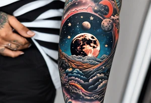 man on the moon space theme arm sleeve tattoo idea
