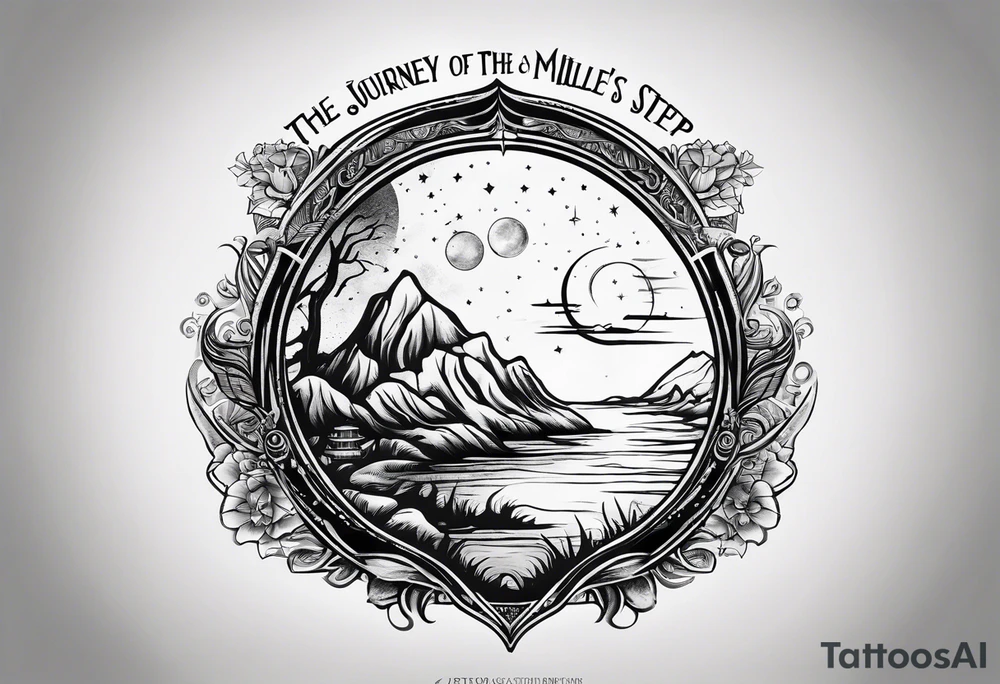 A tattoo featuring a meaningful quote about life's journey, such as "The journey of a thousand miles begins with a single step," accompanied by celestial elements to emphasize the cosmic nature of your path. tattoo idea