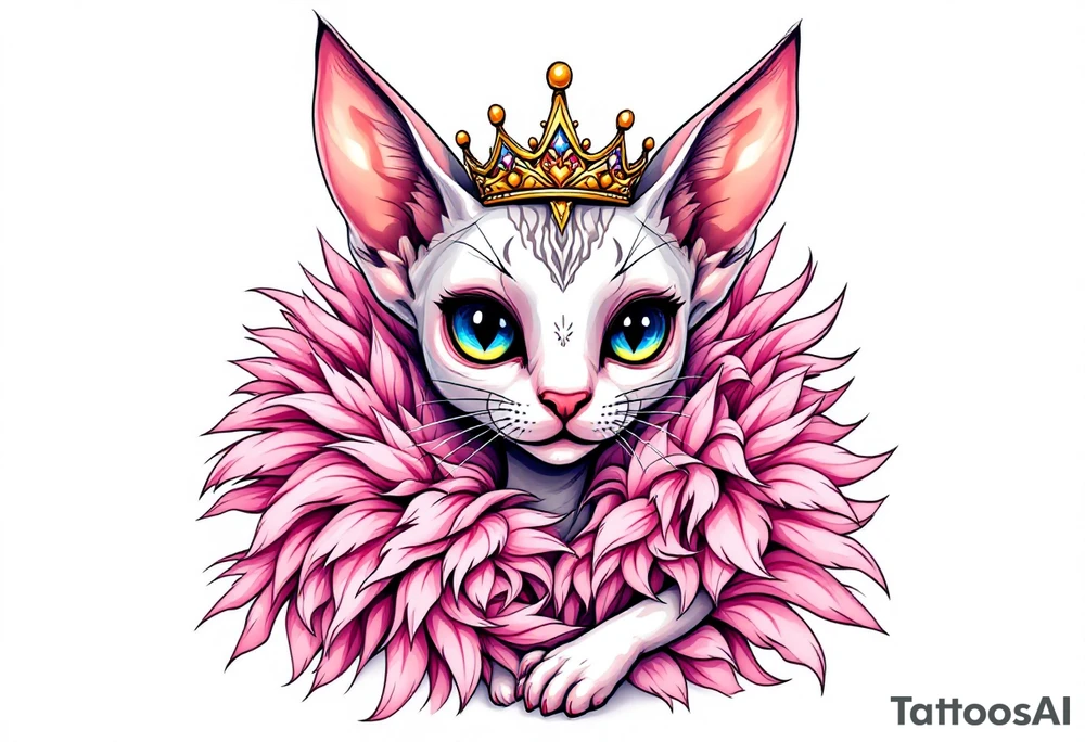 Chibi new school Glamorous sphinx cat with a pink feather boa and wearing a crown tattoo idea