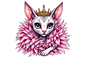 Chibi new school Glamorous sphinx cat with a pink feather boa and wearing a crown tattoo idea
