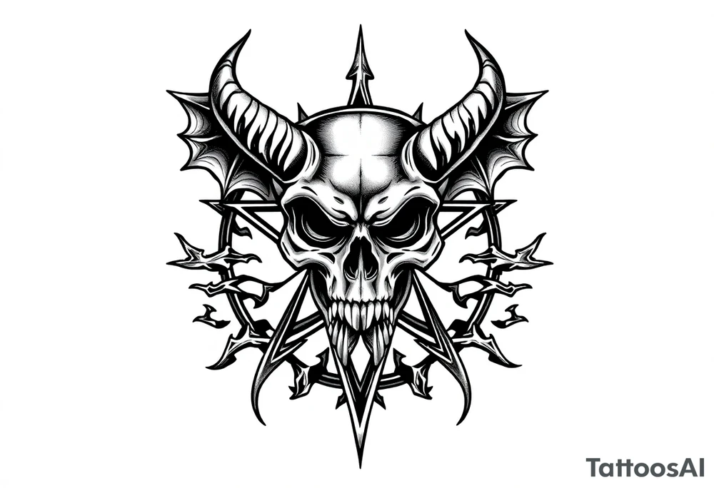 Demon skull over a pentagram surrounded by jagged flowing lines tattoo idea