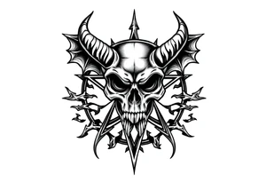 Demon skull over a pentagram surrounded by jagged flowing lines tattoo idea