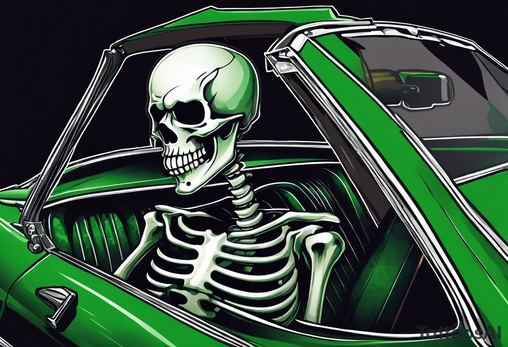 Skeleton smoking a cigarette driving a green 1976 convertible Corvette tattoo idea