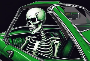 Skeleton smoking a cigarette driving a green 1976 convertible Corvette tattoo idea